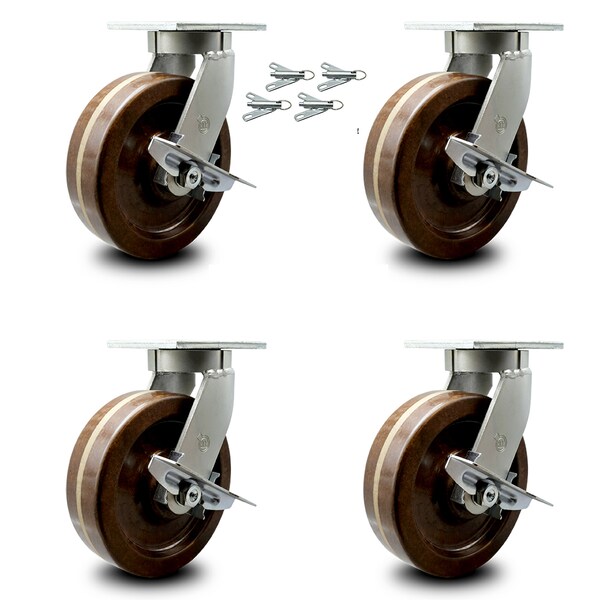 12 Inch Heavy Duty High Temp Phenolic Caster with Brakes and Swivel Locks, 4PK